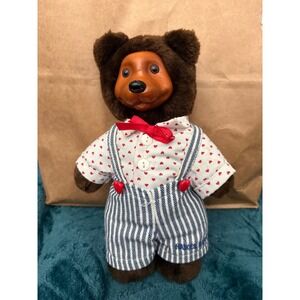 Robert Raikes Limited Edition Wood Face Teddy Bear Heart Overalls 4377/7500